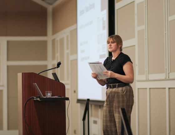 Jordyn Purvins speaking at a contractor training