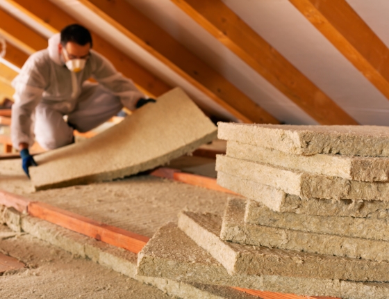 person laying insulation in attic