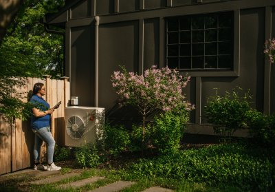 person outside with air source heat pump
