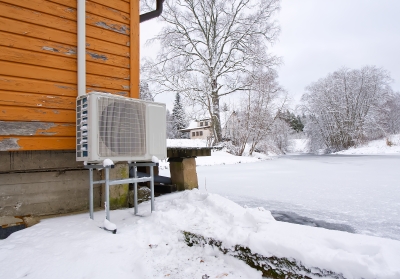 Exterior ASHP unit in winter