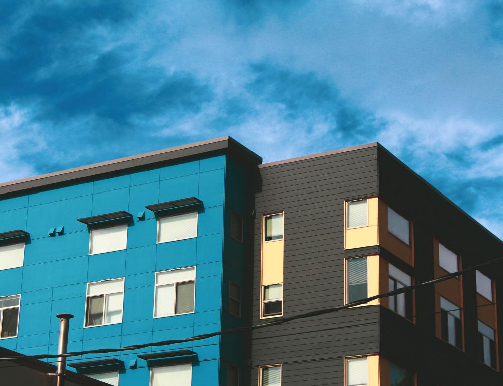 blue and black apartment building