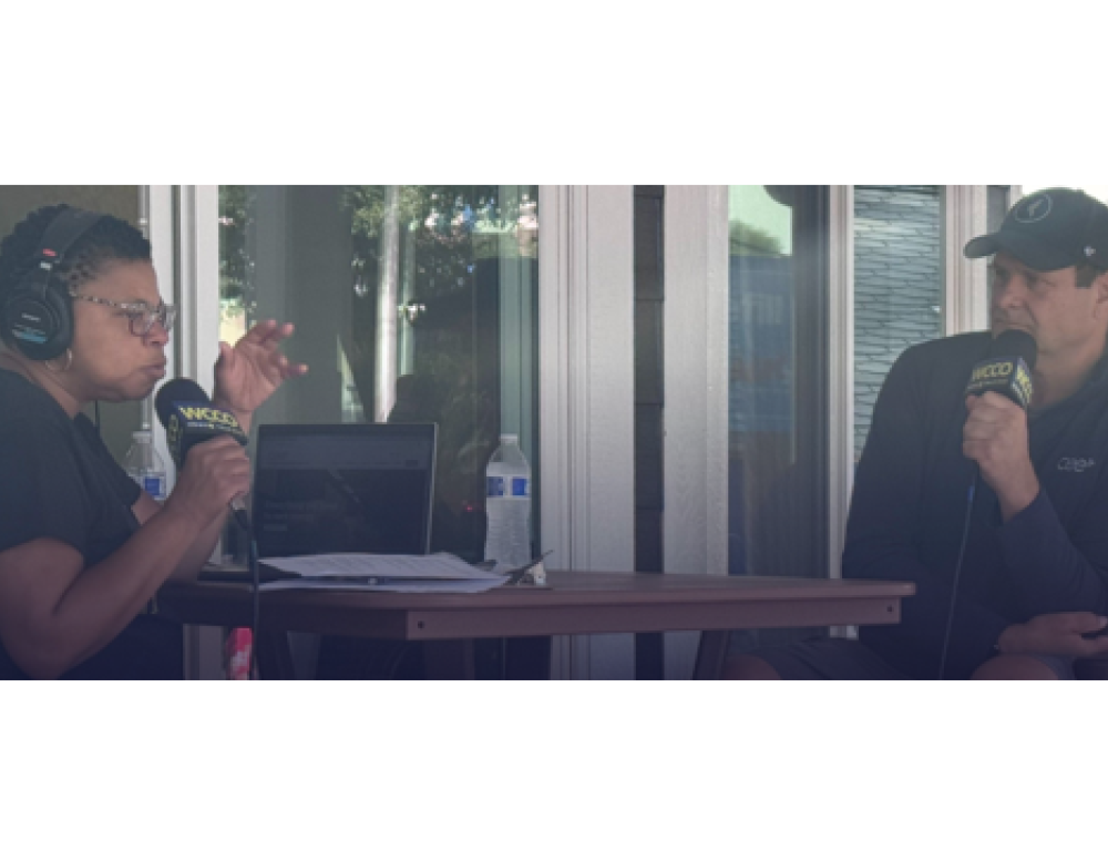 two people talking on a podcast