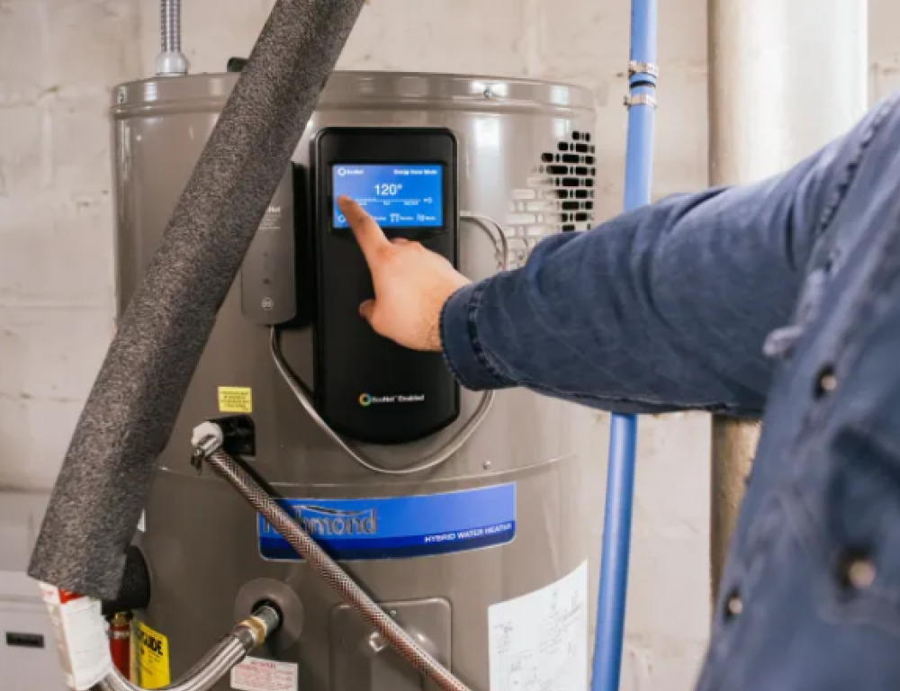 A digital control panel on a heat pump water