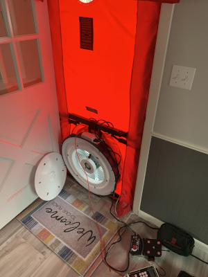 Blower door test in HWR home.