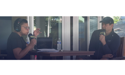 two people talking on a podcast